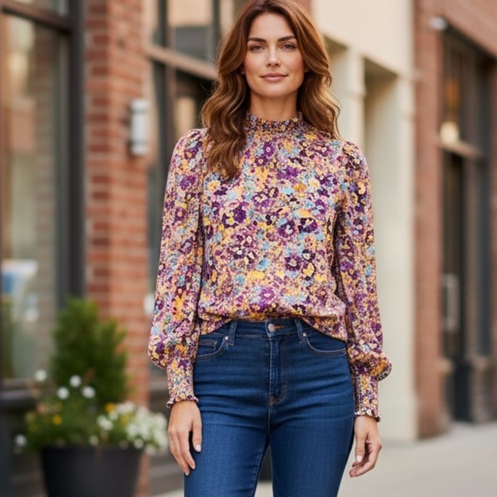 Jodifl Can't Change Purple Ditsy Floral Long Sleeve Feminine Blouse Size Small